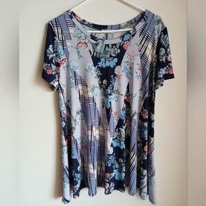 FRUMOS Tunic Top Blue Floral Short Sleeves  1XL